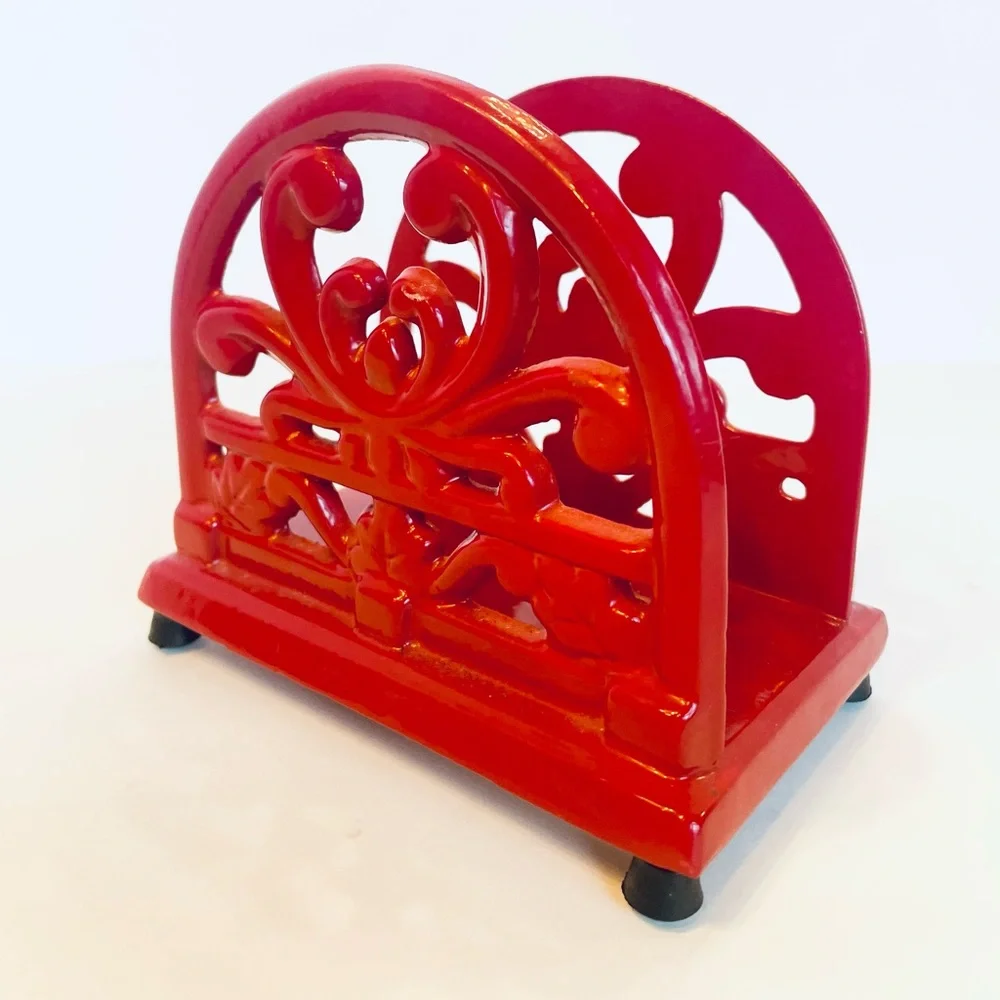 Heavy Made Cast Iron Napkin Holder Home Red Enameled 5” Tall x 5.5” Long - Picture 4 of 7